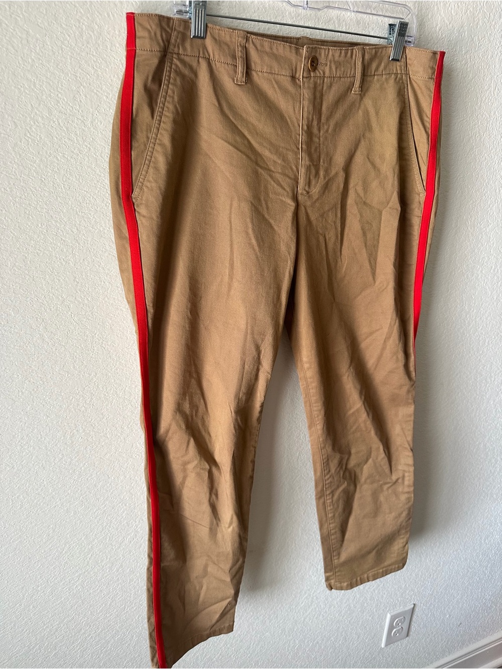 Lauren Ralph Lauren Tan Khaki Chino Pants Red Side Stripe Tapered Women 12 - Picture 2 of 6
